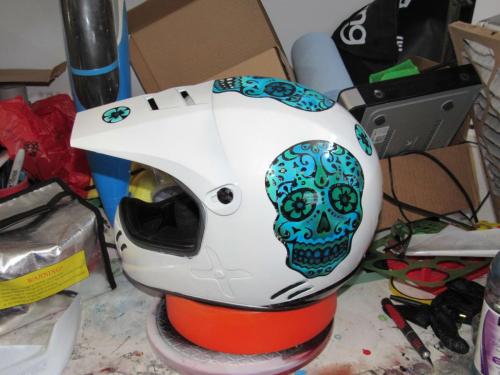 Sugar Skull in Blue on White Offroad Helmet